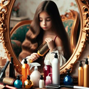 بنوته تقوم بعناية شعرها